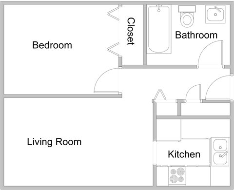 Floor plan for 1 bed, 1 bath, 576 sqft